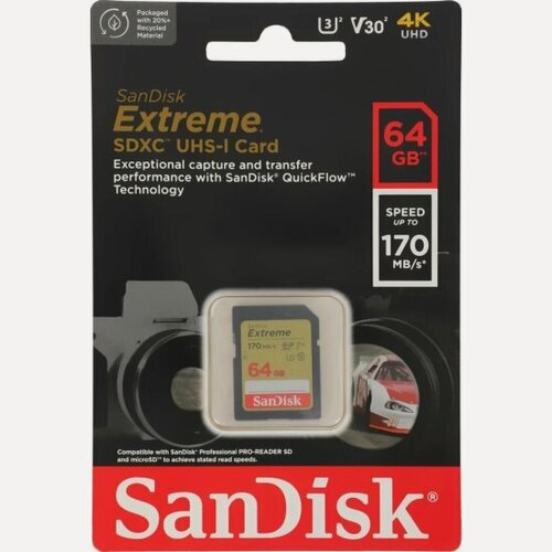 Изображение товара Карта памяти Sandisk Extreme SDXC Class 10 UHS-I U3 V30 64Gb (170/80 Mb/s)