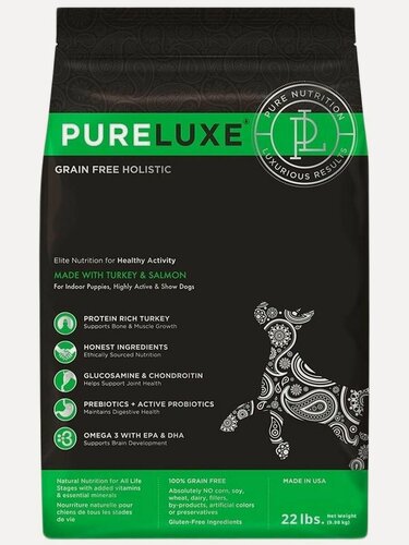 Изображение товара Сухой беззерновой корм PureLuxe Пурлюкс для активных собак с индейкой и лососем 9,98 кг