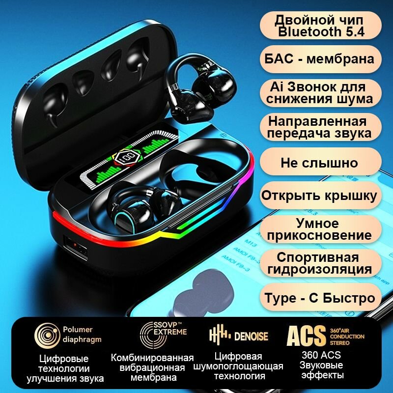 Игровые беспроводные наушники Bluetooth 5.3. Низкая задержка, RGB-подсветка, дисплей заряда, долгая работа.