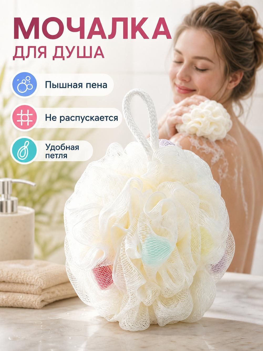 Мочалка для тела, душа мягкая в виде шара для мужчин и женщин.