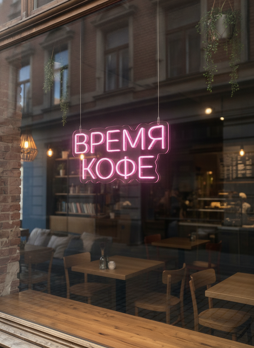 Неоновая вывеска "время кофе" 60х30см, неоновая надпись, LED светильник для кофейни
