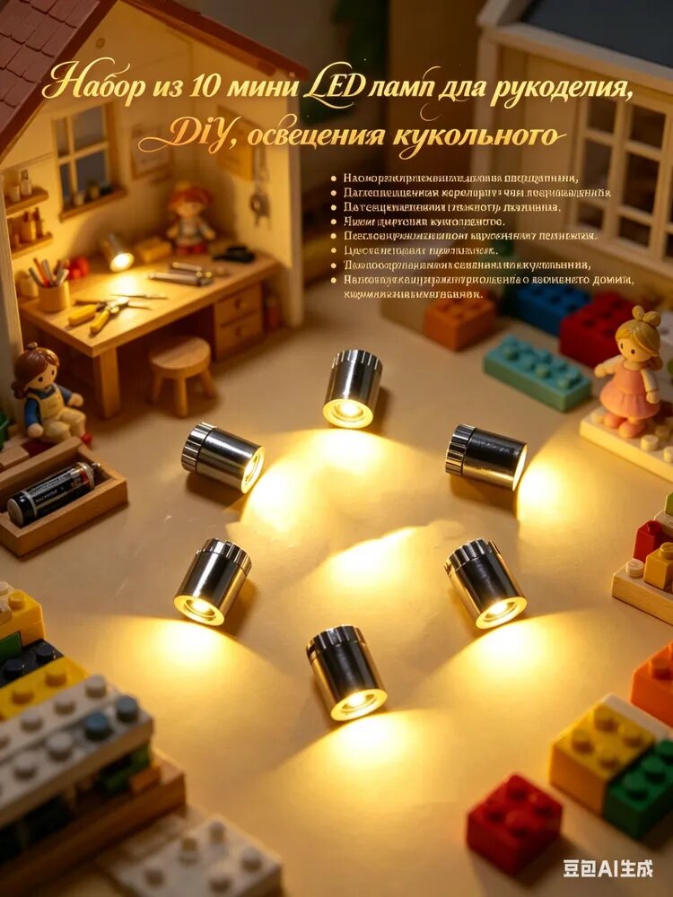 Набор из 10 мини LED ламп для рукоделия, DIY, освещения кукольного домика, на батарейках, совместимо с конструкторами