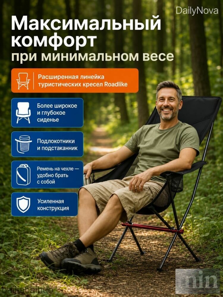 Кресло складное DailyNova с подлокотниками, поддержкой головы, авиационным алюминием, подстаканником, вес 1.7 кг, до 150 кг, ультралегкое, для пикника и кемпинга — фото 1