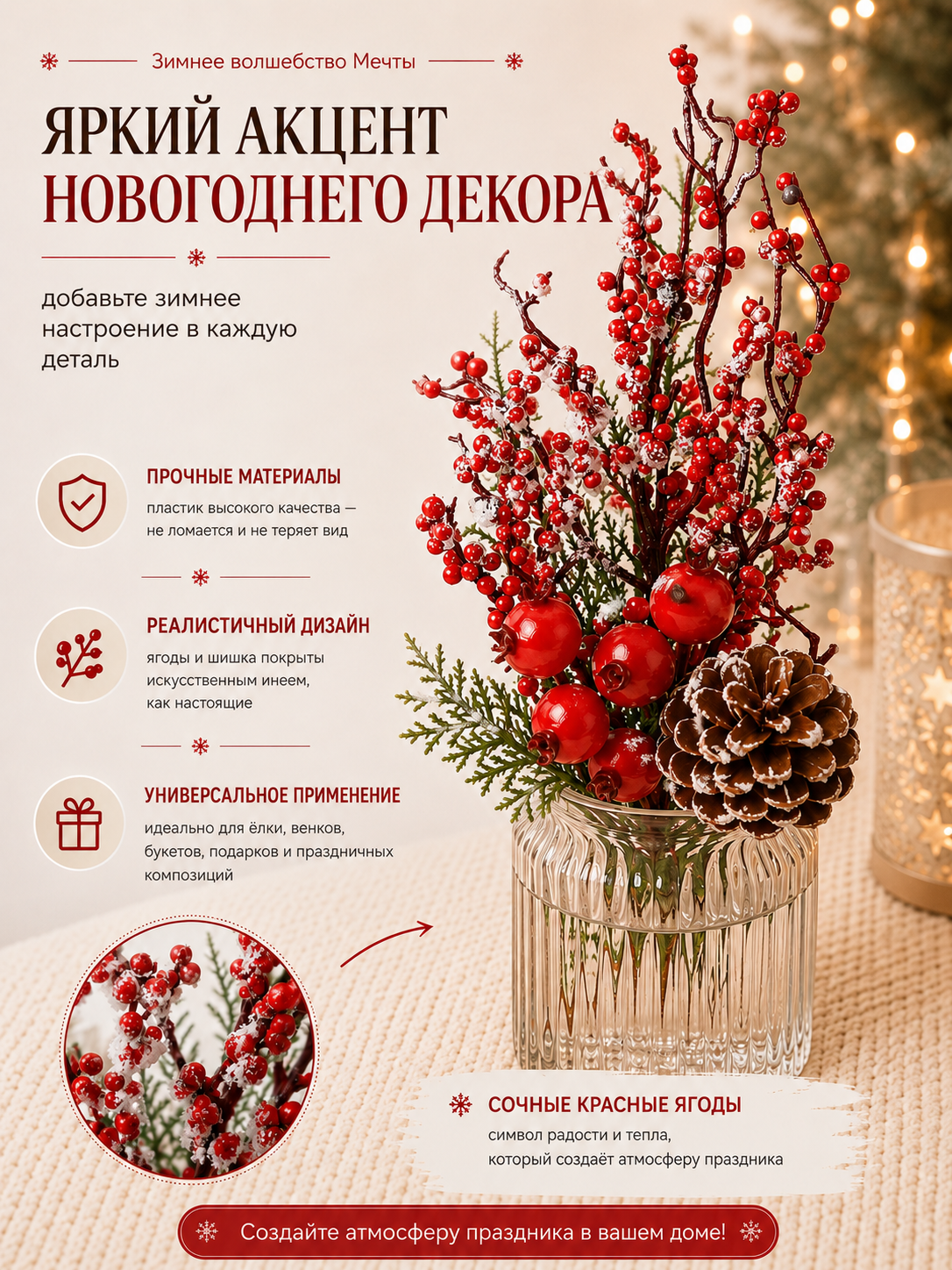 Новогодняя ветка декоративная «Зимнее волшебство. Мечты», 30 см — фото 1