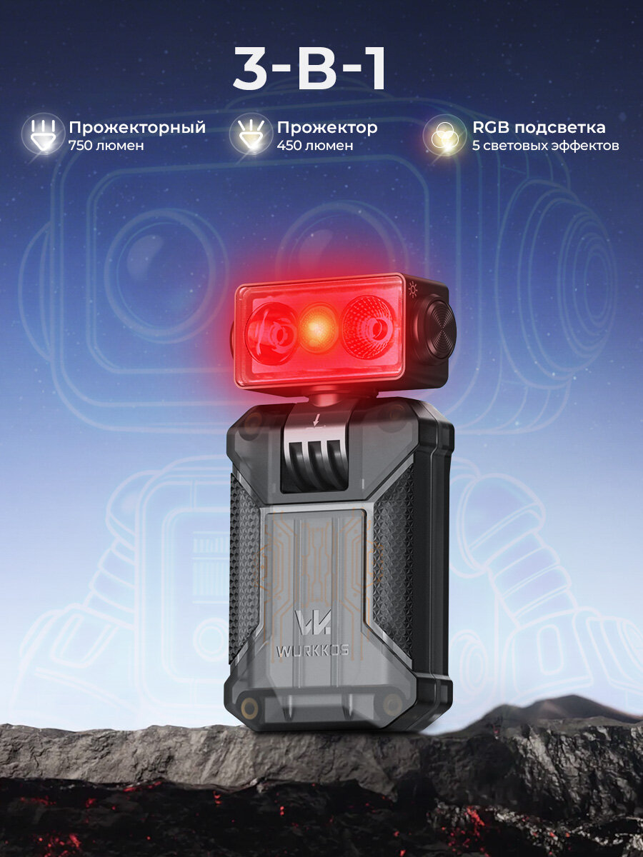 Wurkkos HD04 черный зажимной фонарик 750лм 6000К холодный свет, луч 120м, двойной свет RGB, IPX6 водозащита, поворот головы 180, аккумулятор SOS для кемпинга, рыбалки, ремонта