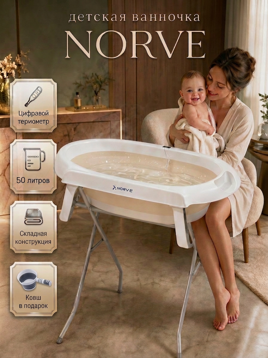 Ванночка детская "Norve" для купания новорожденных и малышей складная с термометром подставкой 50 л и ковшиком в подарок