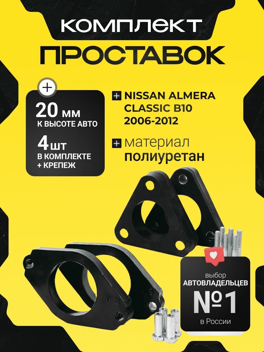 Комплект проставок Nissan Almera Classic B10 2006-2012, 20мм полиуретан, 4шт Clearance Plus