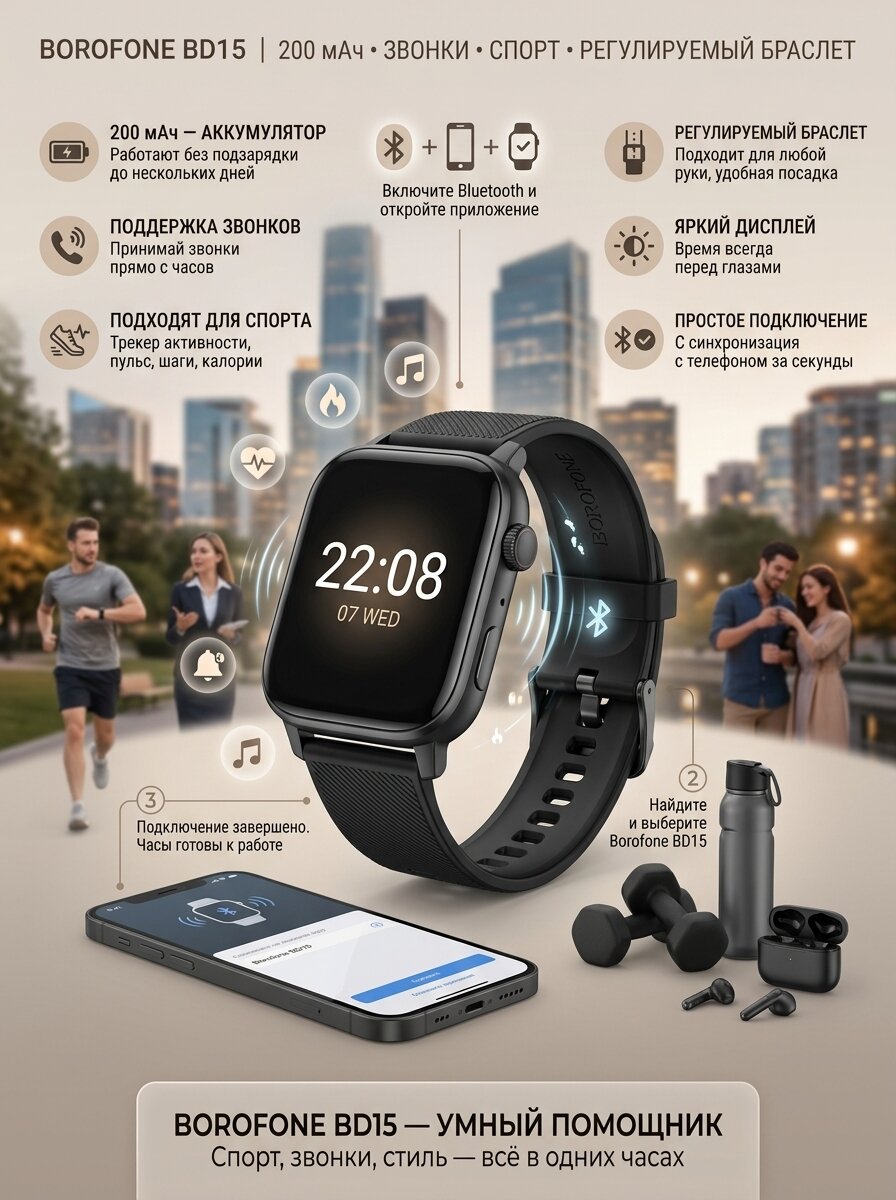 Смарт-часы Borofone BD15, Bluetooth, сенсорные, фитнес-трекер, IP67, черный