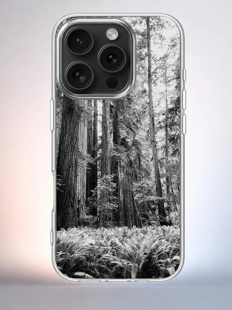 Чехол iPhone 15 Pro секвойи с папоротником силиконовый