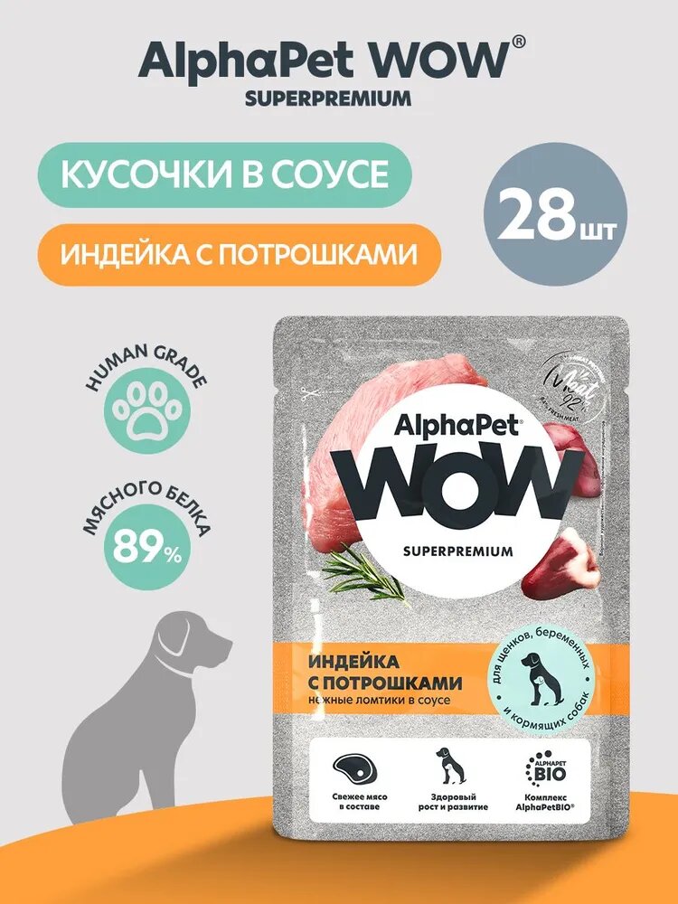 AlphaPet WOW 28 шт по 85г корм для щенков и беременных, кормящих собак, индейка и потрошки ломтики в соусе