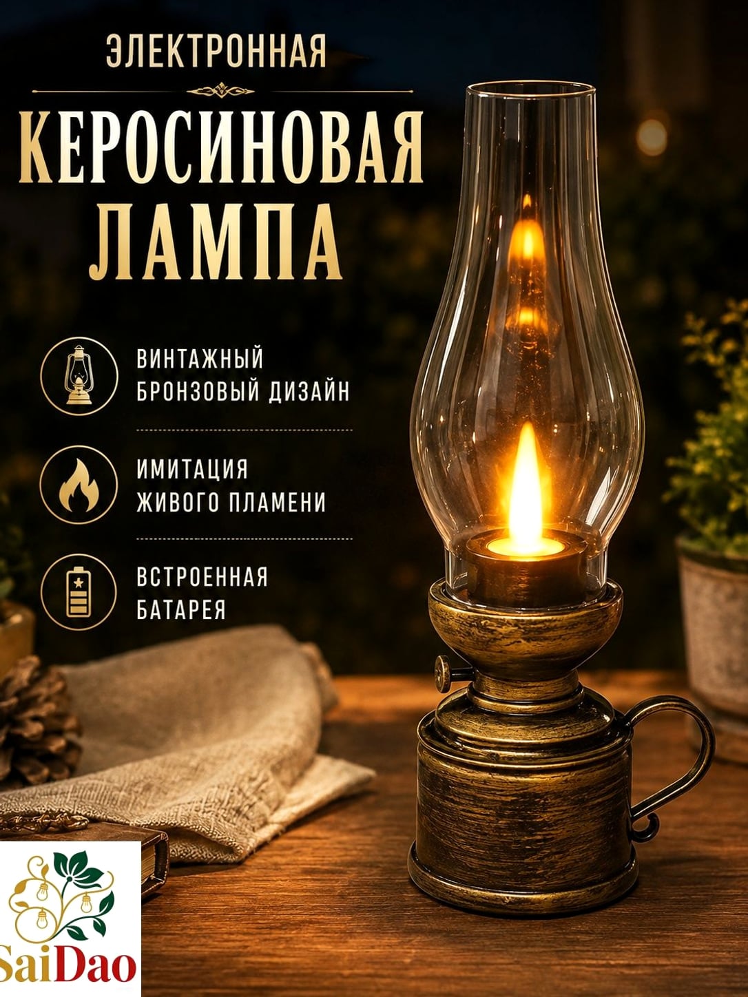 Электронная лампа-свеча настольная, винтажный декоративный светильник в стиле керосиновой лампы с имитацией живого пламени для спальни, гостиной и интерьера