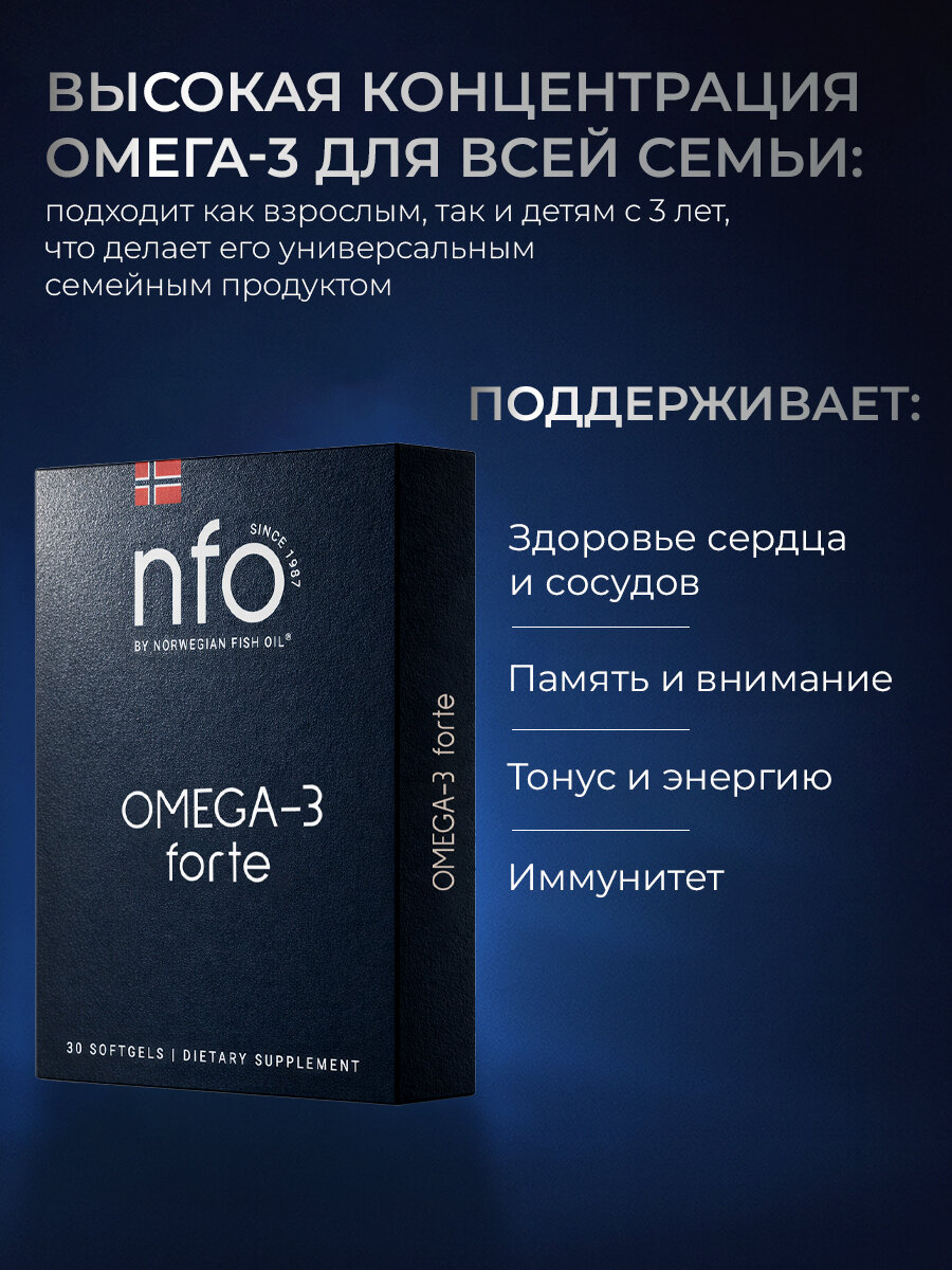 NFO Омега-3 Форте для детей и взрослых, 30 капсул по 1384 мг/Поддержка сердца и сосудов/ Норвегия — фото 1