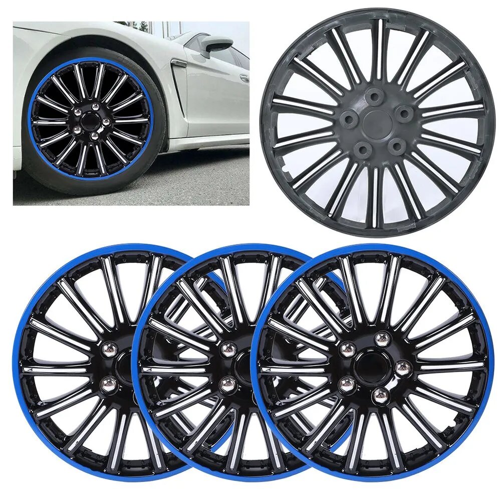 Колпак колеса для легковых автомобилей R15, черный с синим ободом, комплект 4 шт. — фото 1
