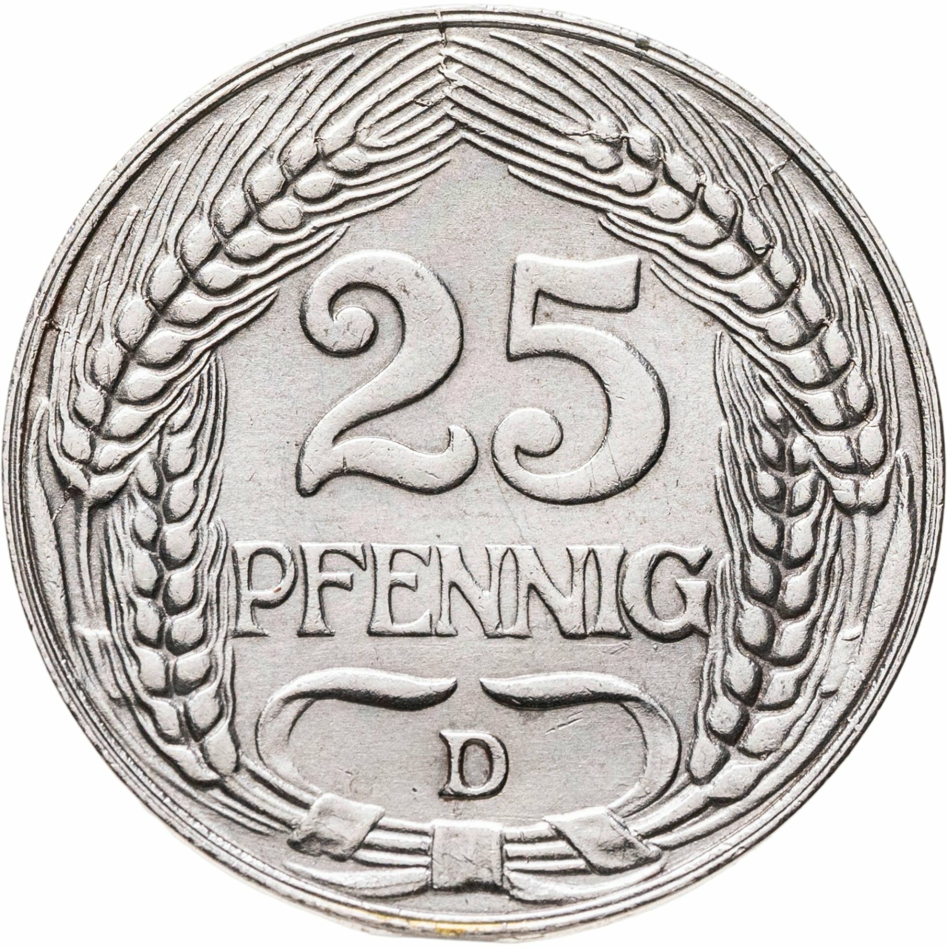 Германия 25 пфеннигов pfennig 1909 D, Никель, в сохранности XF