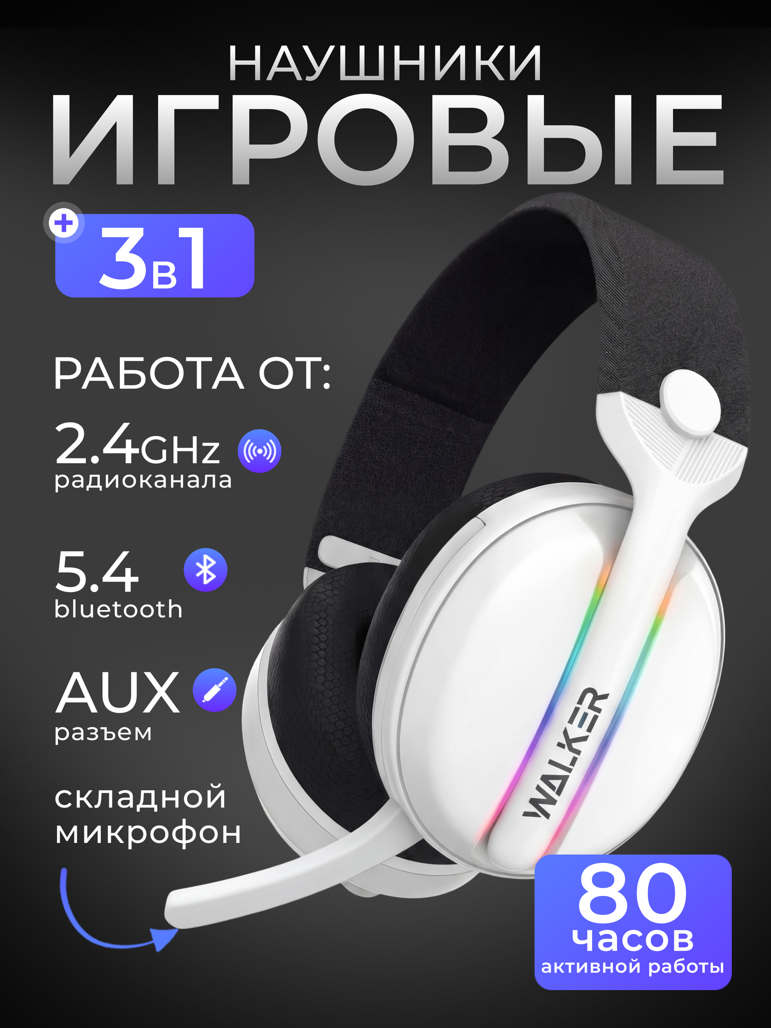Наушники беспроводные, игровые наушники Bluetooth, 3в1 AUX, 2,4Гц, микрофон, подсветка, полноразмерные, белые