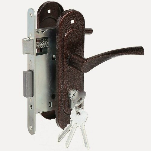 Изображение товара Замок врезной Птимаш ЗВ4-3.07, 9674, цилиндровый с ручкой в комплекте, цвет медь, межосевое расстояние 55 мм, Россия