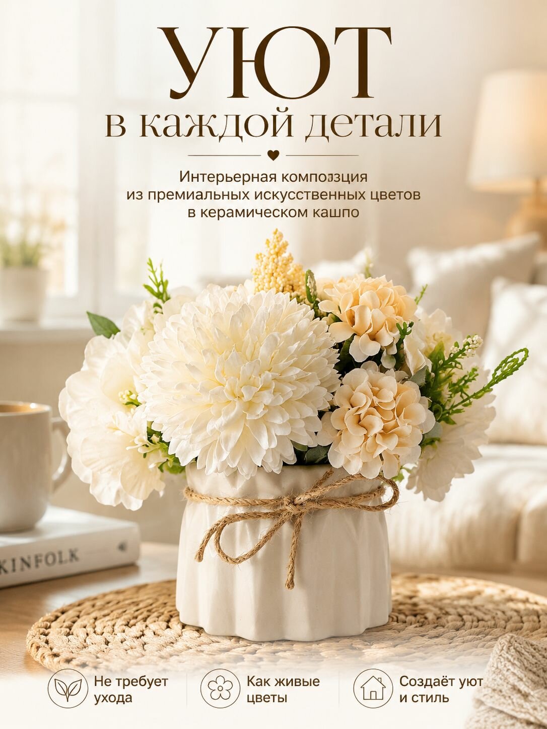 Интерьерная композиция из искусственных цветов в керамическом кашпо, белые пионы и розы, декор для дома 17 см