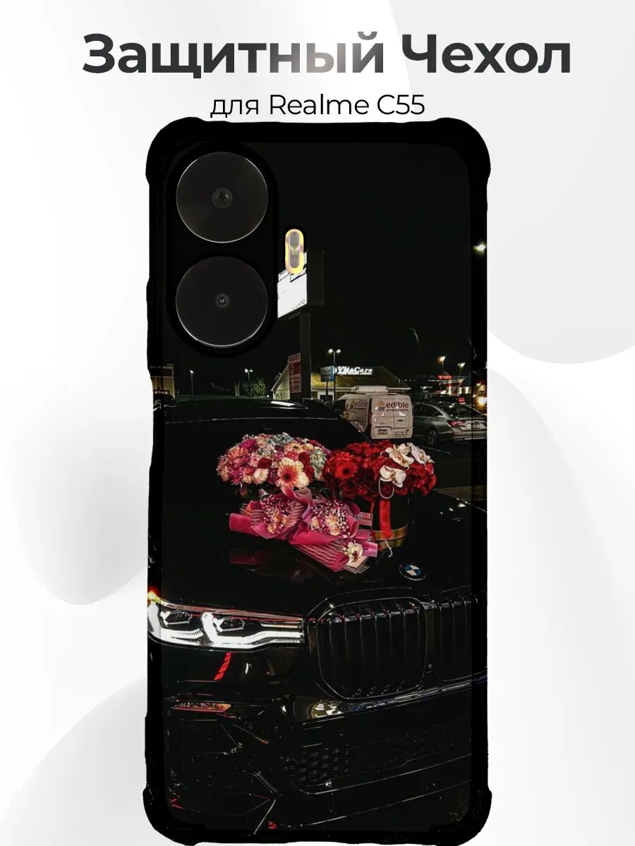 Чехол на Realme C55 Чёрный BMW X7 G07 с цветами