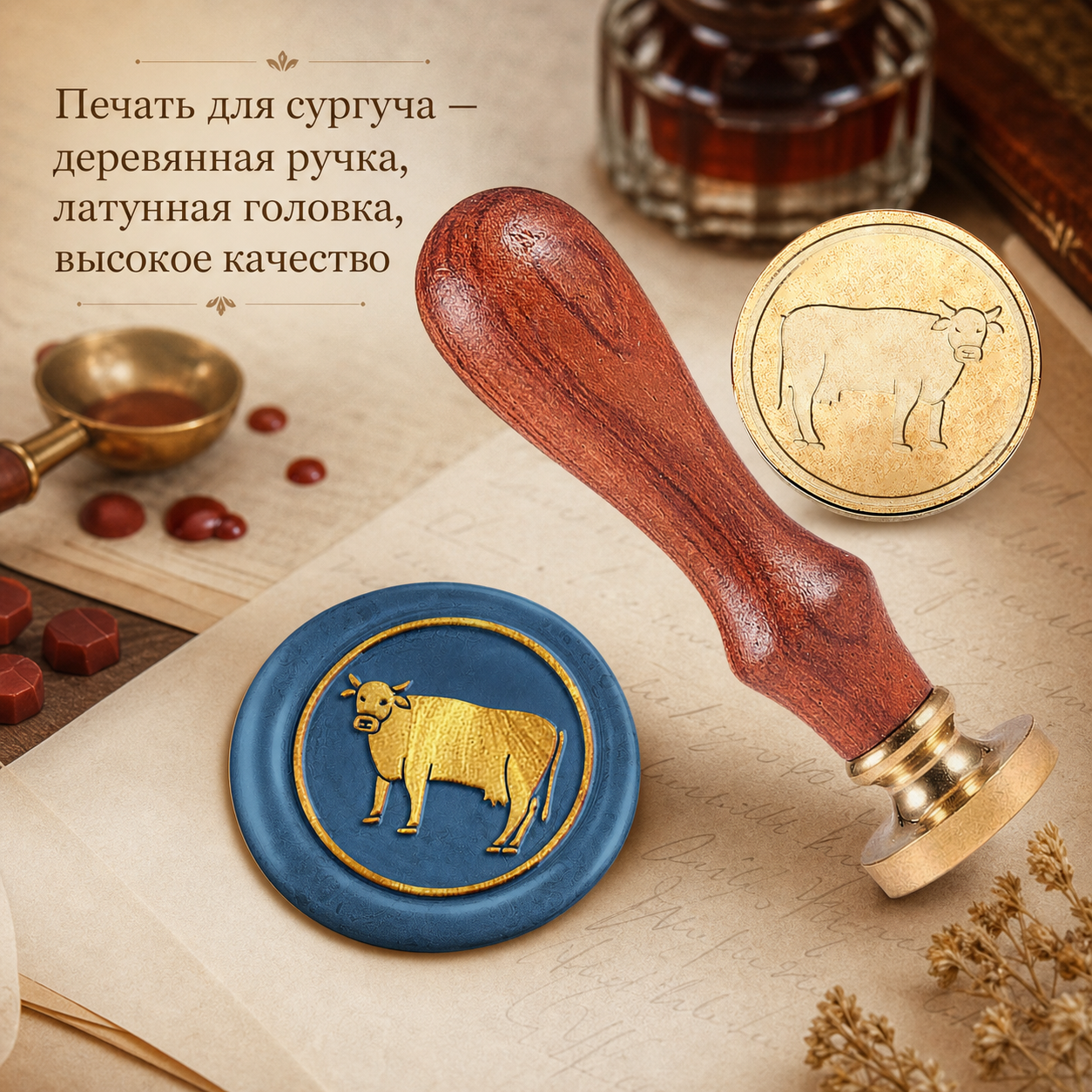 1 шт. Печать из коровьего воска, тисненый штамп, винтажная элегантная съемная латунная печать с деревянной ручкой