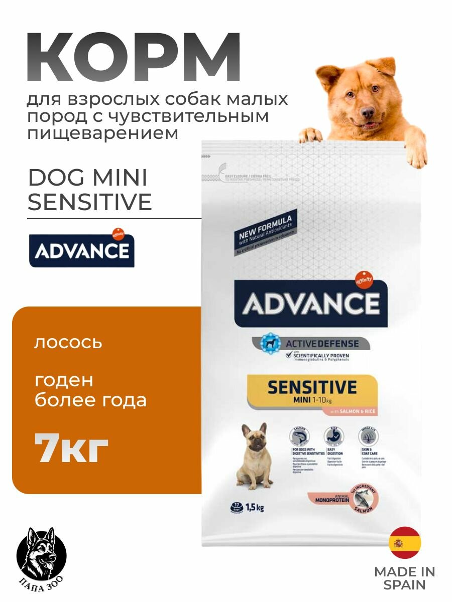 Сухой корм для собак малых пород с чувствит. пищеварением Advance Dog Mini Sensitive (Лосось), 7 кг