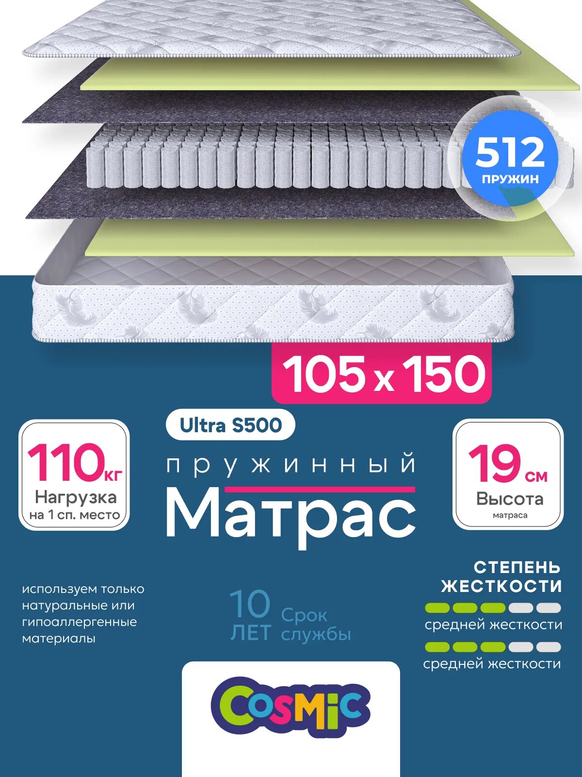 Матрас Cosmic Ultra 105x150 см, пружинный, средней жесткости, высота 20 см, анатомическая поддержка