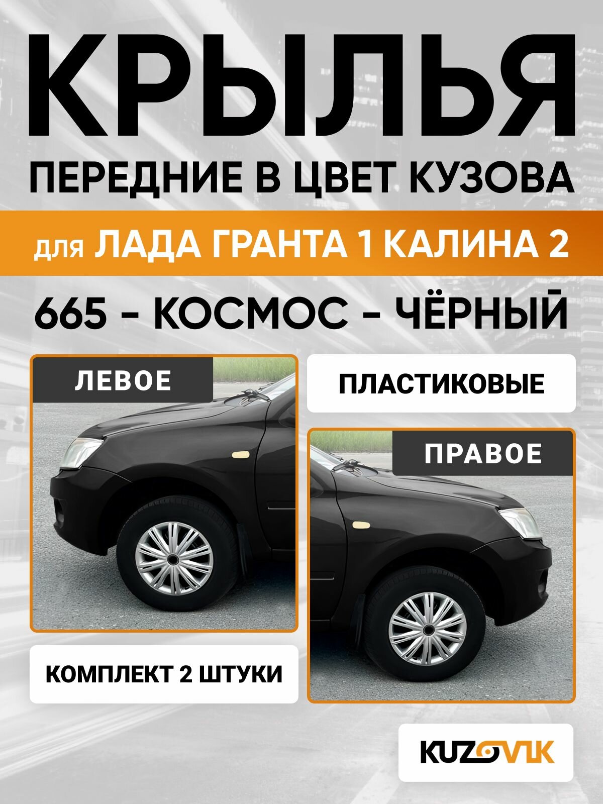 Крылья для Лада Гранта 1 Калина 2 в цвет Чёрный - космос - 665, пластик, левое + правое, комплект 2 штуки