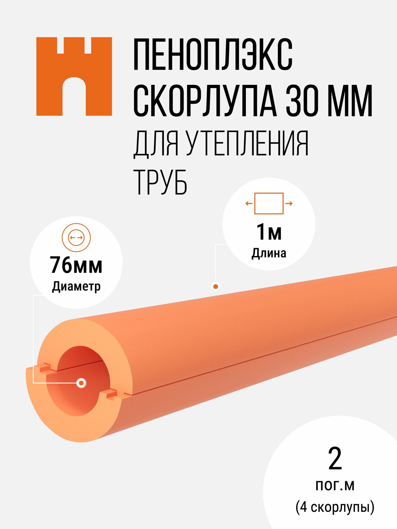 Утеплитель для труб пеноплэкс диаметром 76мм, скорлупа XPS 30мм, 2 пог. м, 4 скорлупы