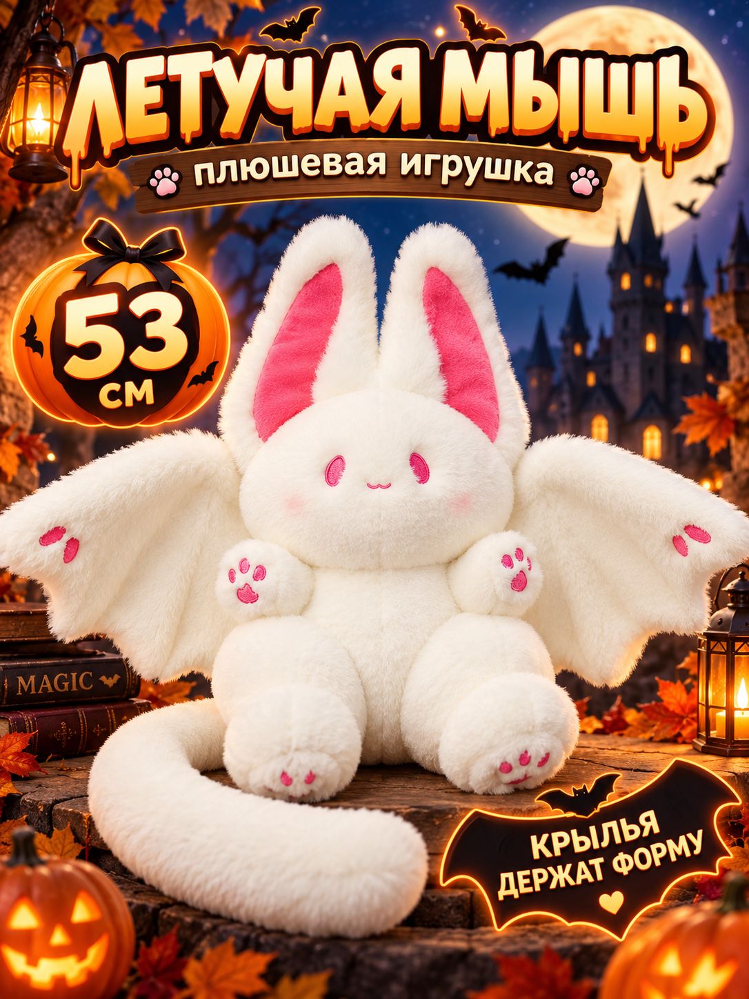 Мягкая игрушка Летучая мышь 53 см, плюшевая игрушка на Хэллоуин