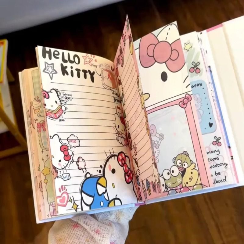 Блокнот твердый бежевый с иллюстрациями Hello Kitty, разлинованный, Плотная бумага 80 г/м2, Для дневника и записей