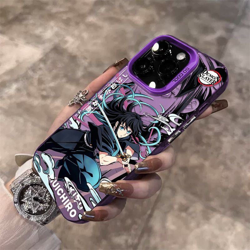 Чехол на Aйфон 13 Про Мак / IPHONE 13 PRO MAX фиолетовый противоударный чехол с аниме-персонажем гию томиока и водным эффектом, усиленная защита камеры и граней