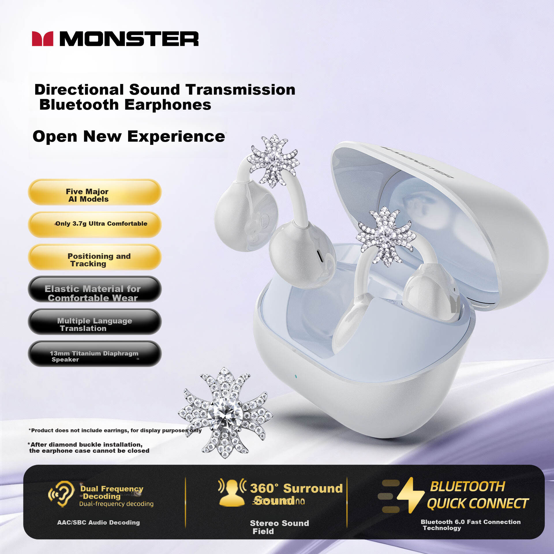 Monster AC235 Беспроводные наушники с направленным звуком и ИИ-переводчиком для спорта белые Цвет：Белый [ИИ-переводчик