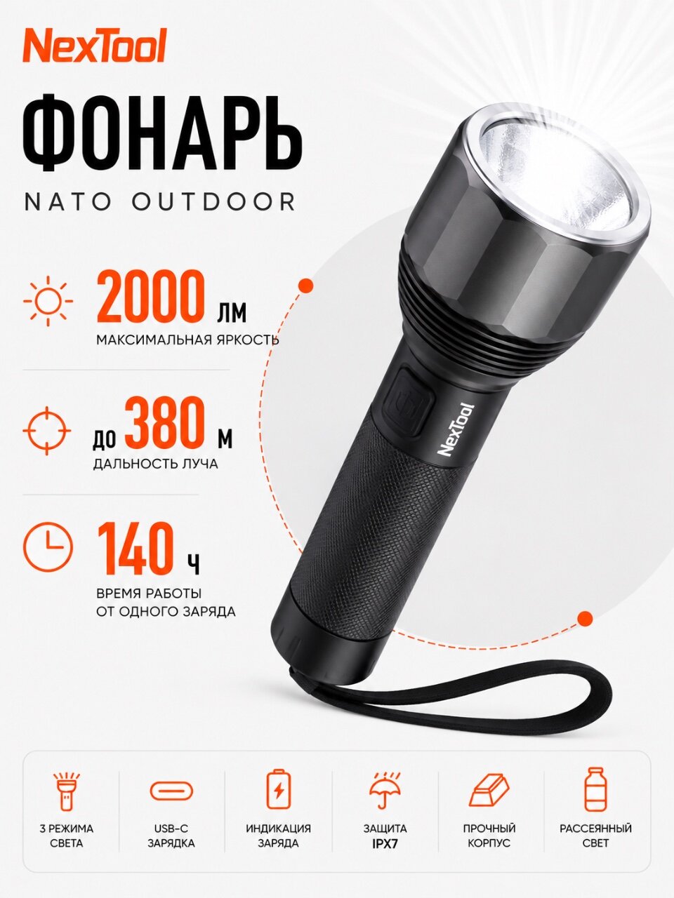 Фонарь NexTool Nato Outdoor Glare Flashlight NE0126