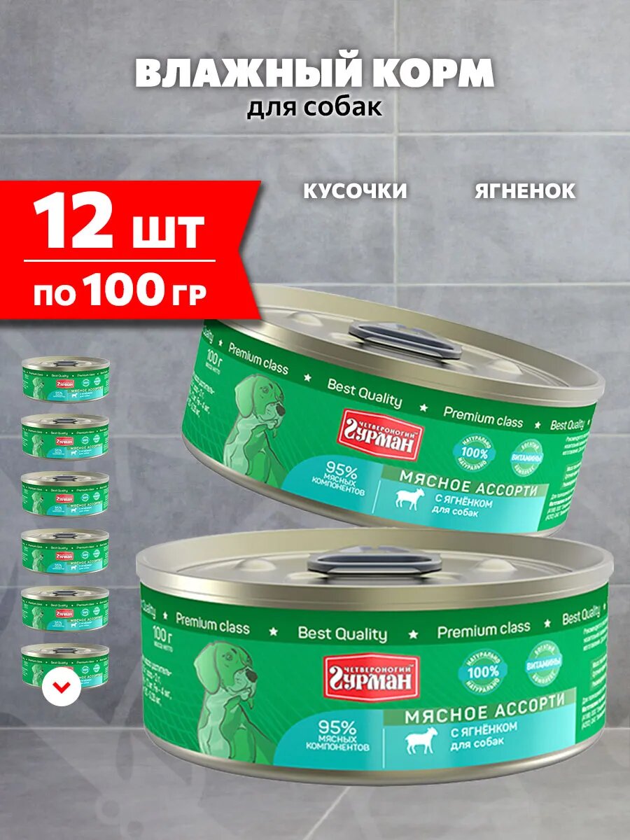 Корм влажный Четвероногий Гурман Мясное Ассорти для взрослых собак, ягненок, 100 г 12 шт