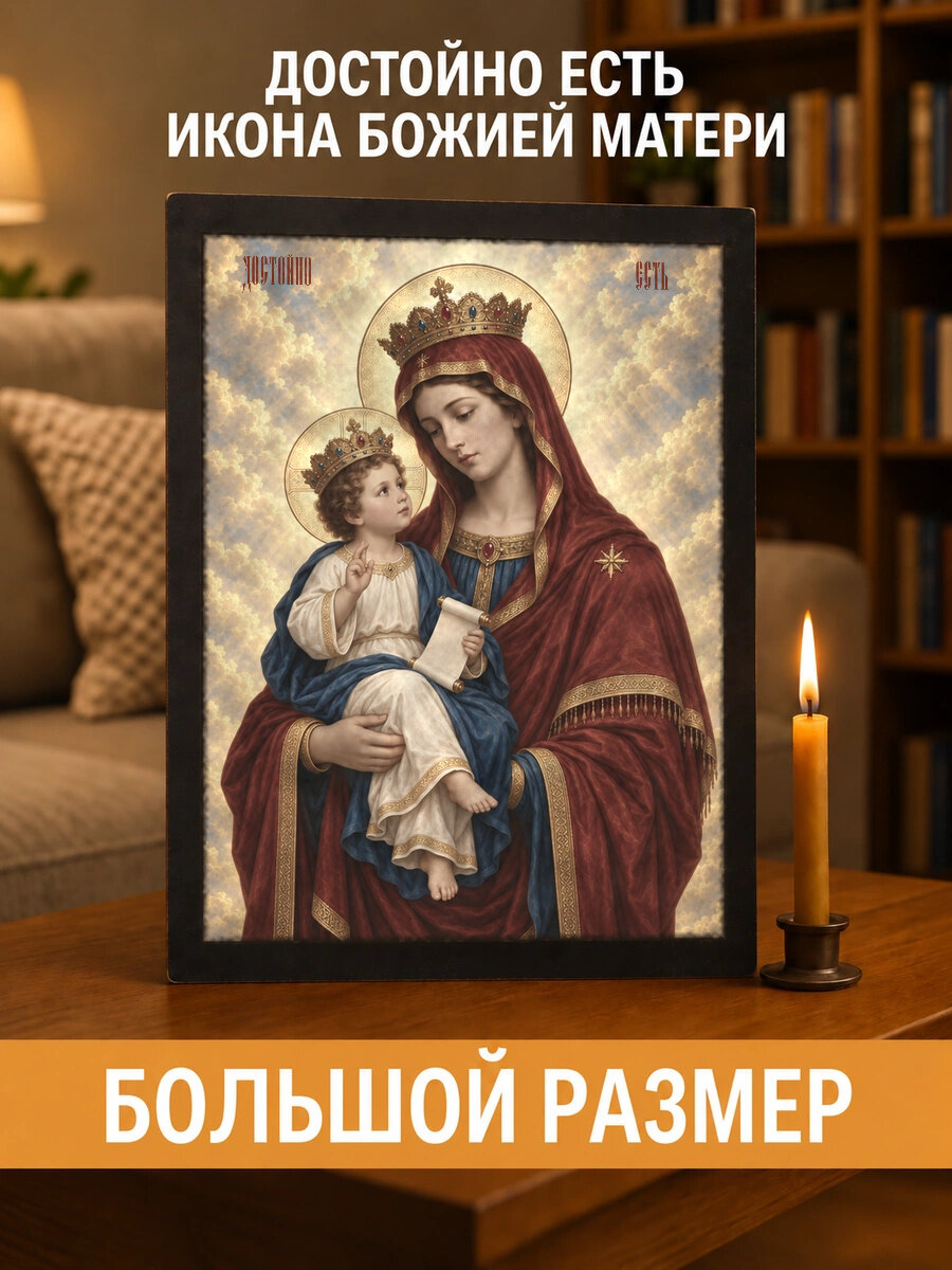 Икона «Достойно есть икона Божией Матери» на натуральном дереве, 30×40 см, храмовая живопись, потёртое золото