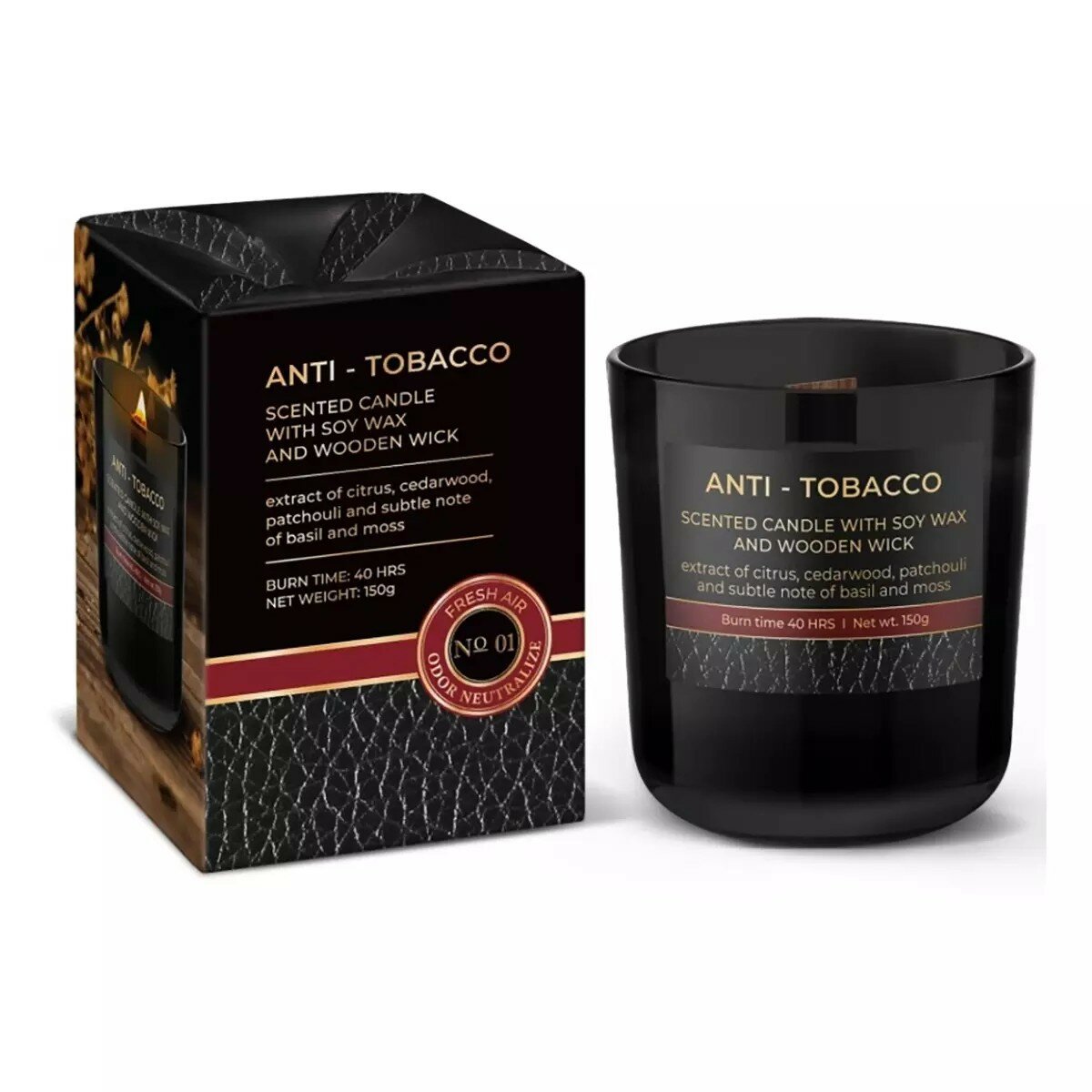 Cвеча ароматизированная в стакане 150 г Антитабак с деревянным фитилем/Anti Tabacco Bartek