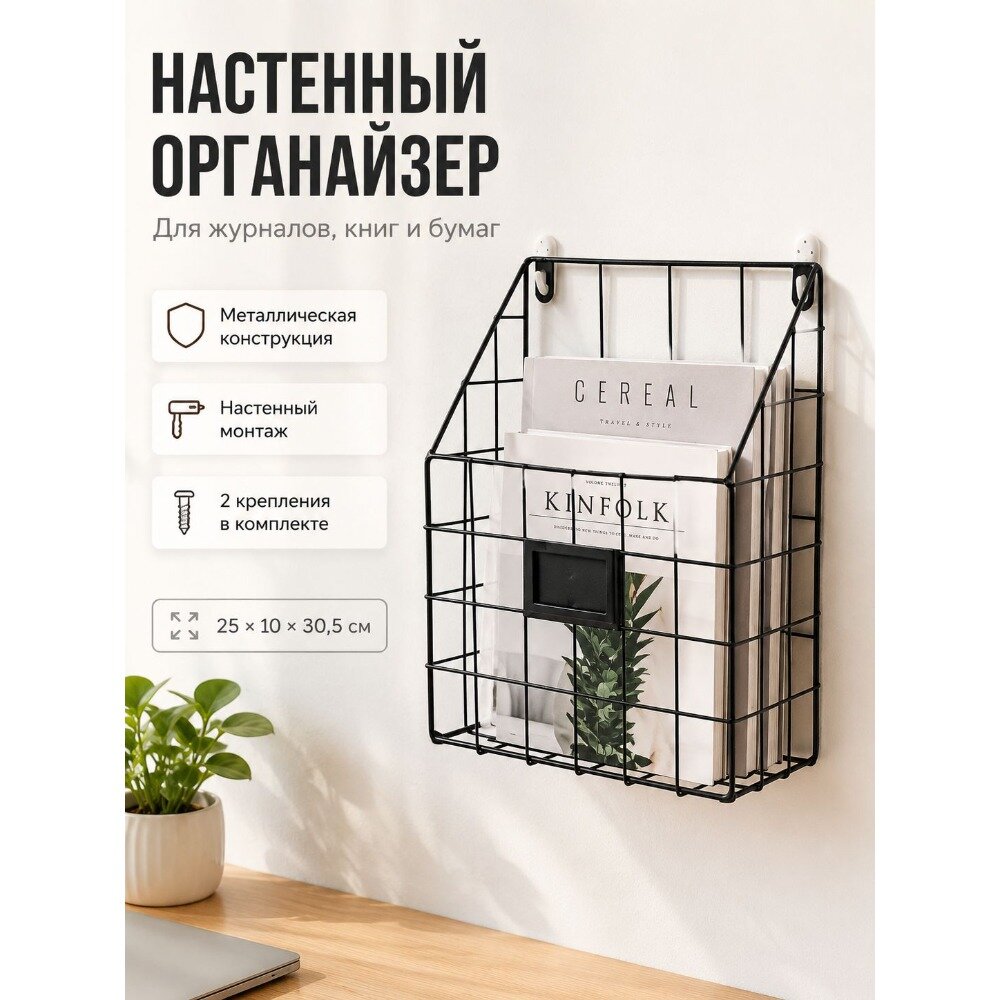 Настенный металлический органайзер для журналов, документов, съёмная этикетка, нагрузка до 2 кг, размер 250×100×300 мм