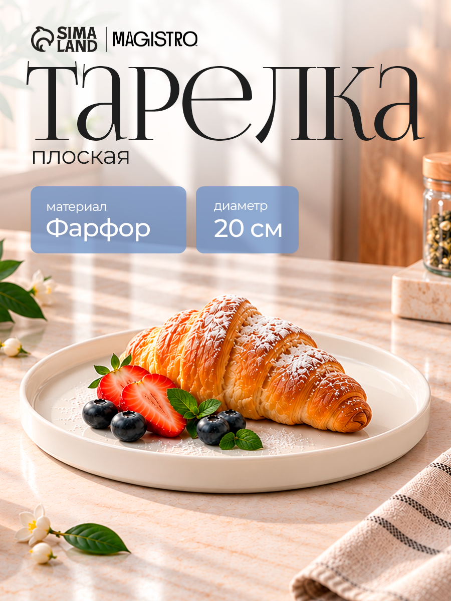 Тарелка фарфоровая обеденная для сервировки с бортиками Magistro Modern, d=20 см, плоская, белая