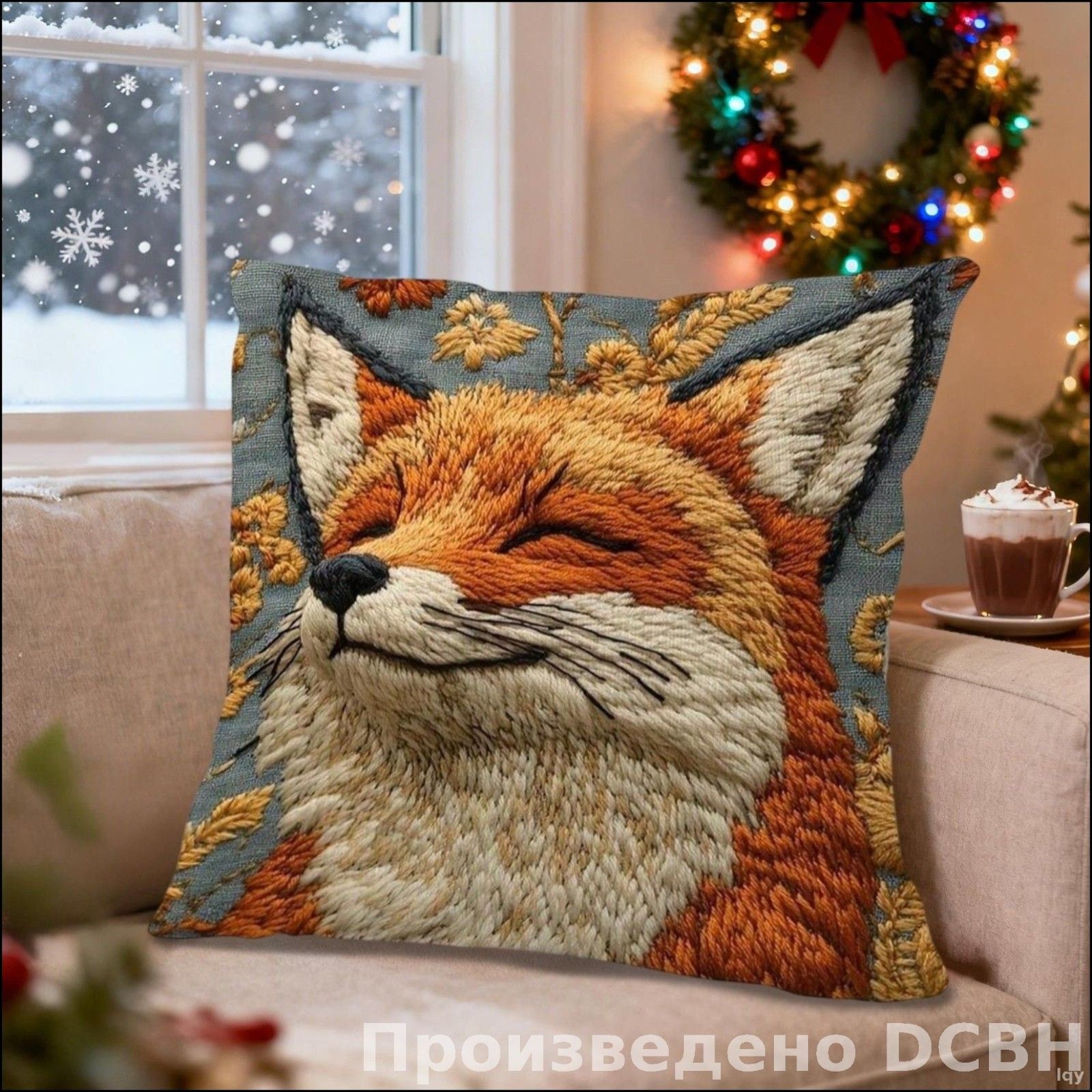 Наволочка 45x45 см 1 шт махровая ткань, коричнево-красный, белый лис, лисёнок