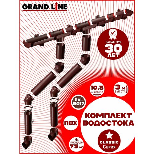 фото Комплект элементов водоотведения grand line на 10,5 м карниза (120мм/90мм) коричневый, водосточная система для крыши пластик гранд лайн ( ral 8017 шоколад ) комплект пвх