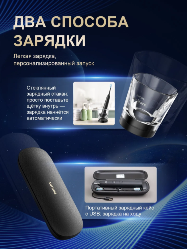 Электрическая зубная щетка sonicare DiamondClean 9000series HX9912, футляр дорожный зарядный, зарядный стакан, черный — фото 1