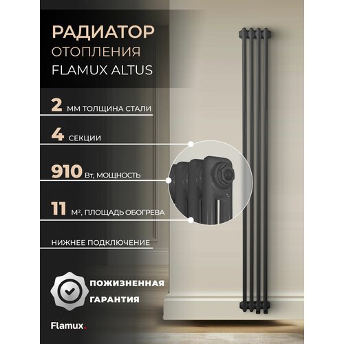 фото Трубчатый стальной радиатор flamux 2180 altus, высота 1800мм,4 секции, ral 7016, серый. универсальное подключение: нижнее.