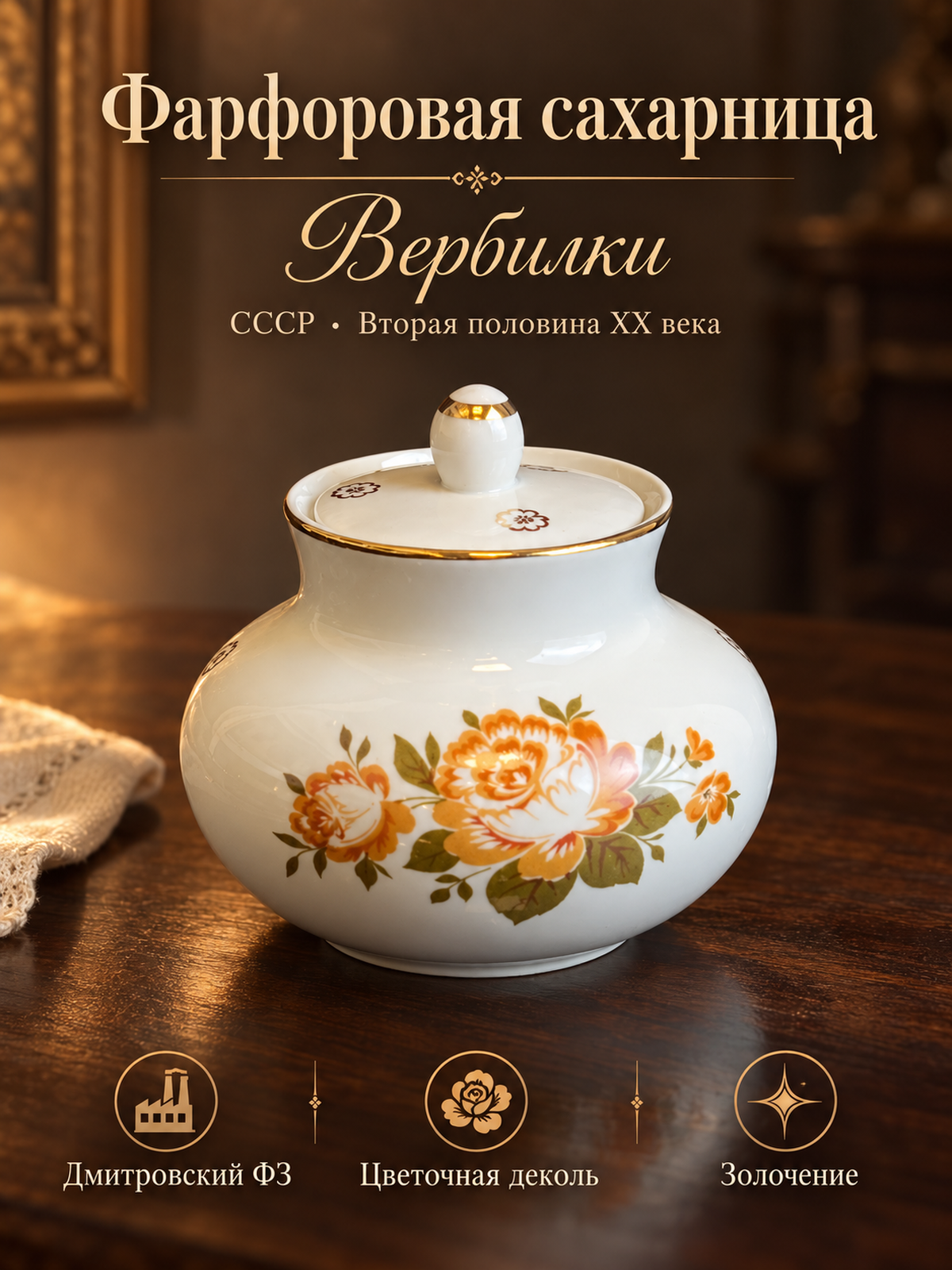 Сахарница фарфоровая, деколь цветы, золочение, Вербилки, Дмитровский ФЗ, винтаж СССР 1965-1990 гг
