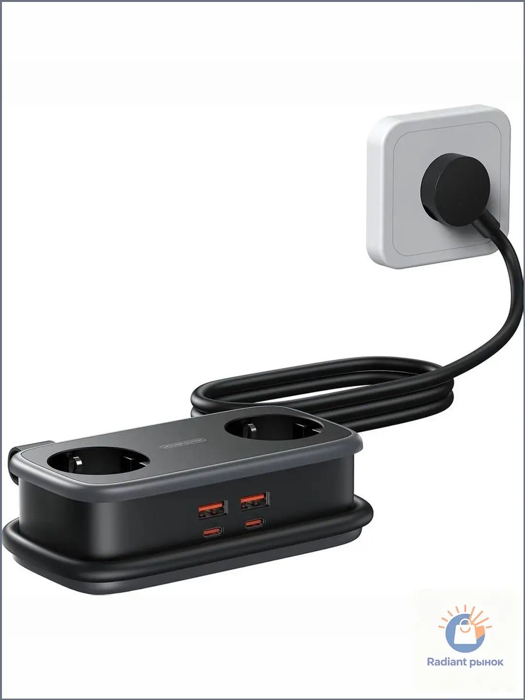 Удлинитель NTONPOWER GaN 65W с плоской вилкой и органайзером кабеля, 2 розетки + 4 USB (2C+2A), 1.5м для дома, офиса и круизов, черный