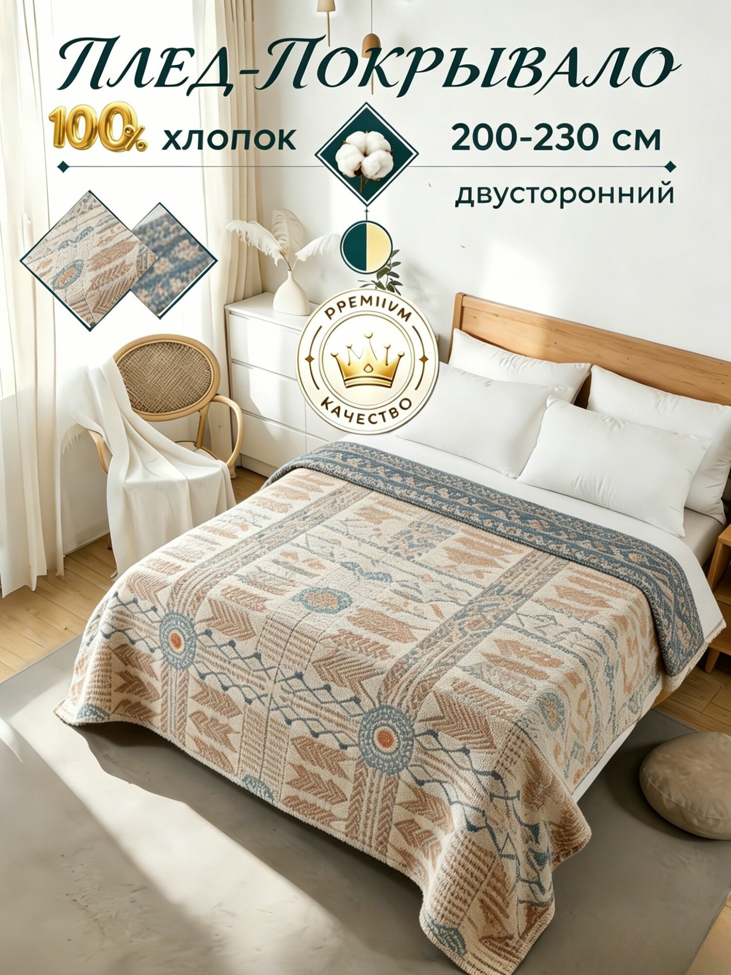 Плед 200x230 см хлопок двусторонний орнамент светло-бежевый, плед из муслина и хлопка с рисунком кружочки, одна упаковка