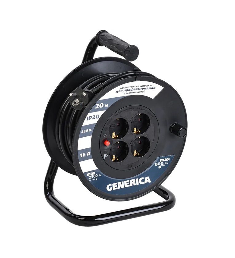Удлинитель на катушке 4х20м 16А IP20 УК20 2P+PE 3х1.5 термозащита GENERICA WKP20-16-04-20-G