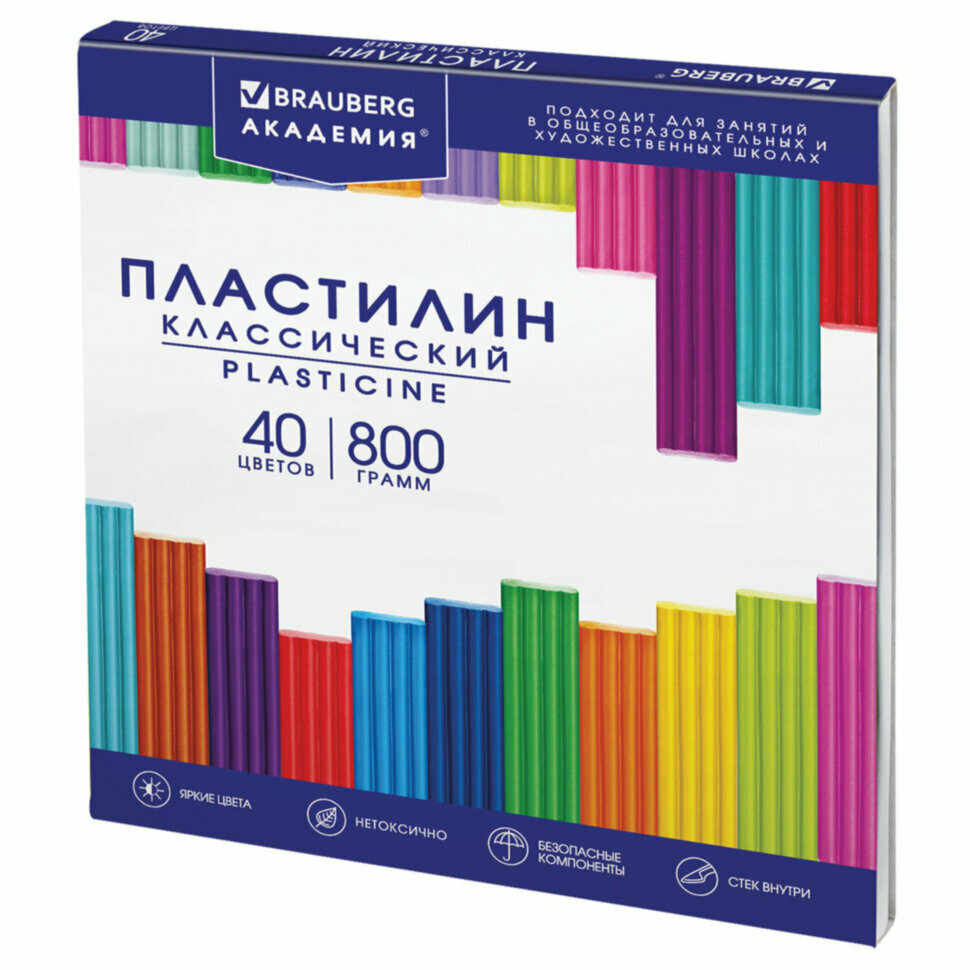 Пластилин классический BRAUBERG "академия классическая", 40 цветов, 800 г, стек, высшее качество, 106512, 106512