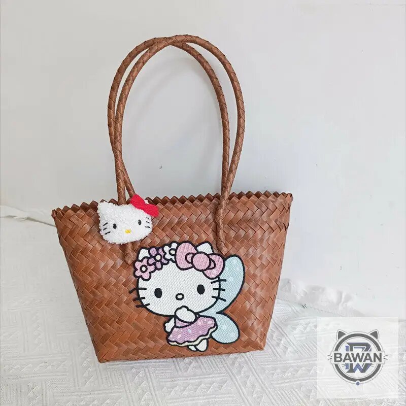Корзина - Мешок из ротанга для организации и хранения вещей Вышивка Hello Kitty