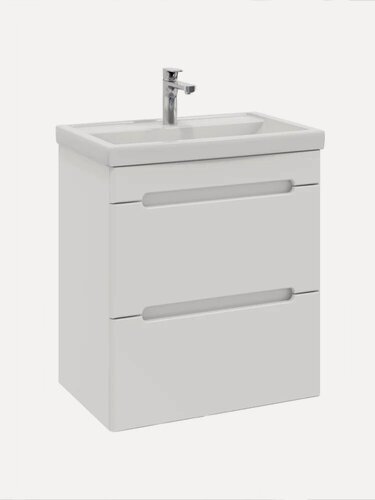 Изображение товара Тумба с раковиной SanStar Адель 50 подвесная, 50 см, белая, глянцевая, из МДФ, с ящиками, раковина для ванной фарфоровая, прямоугольная, встроенный слив-перелив