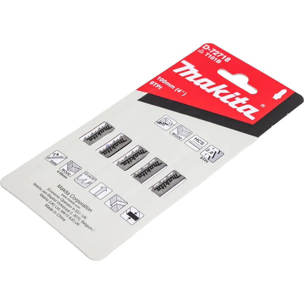 Лобзиковая пилка по дереву Clean 100x1.2 мм, 9TPI Makita D-72718, стальная HCS, прямой профиль, хвостовик Т-образный — фото 1