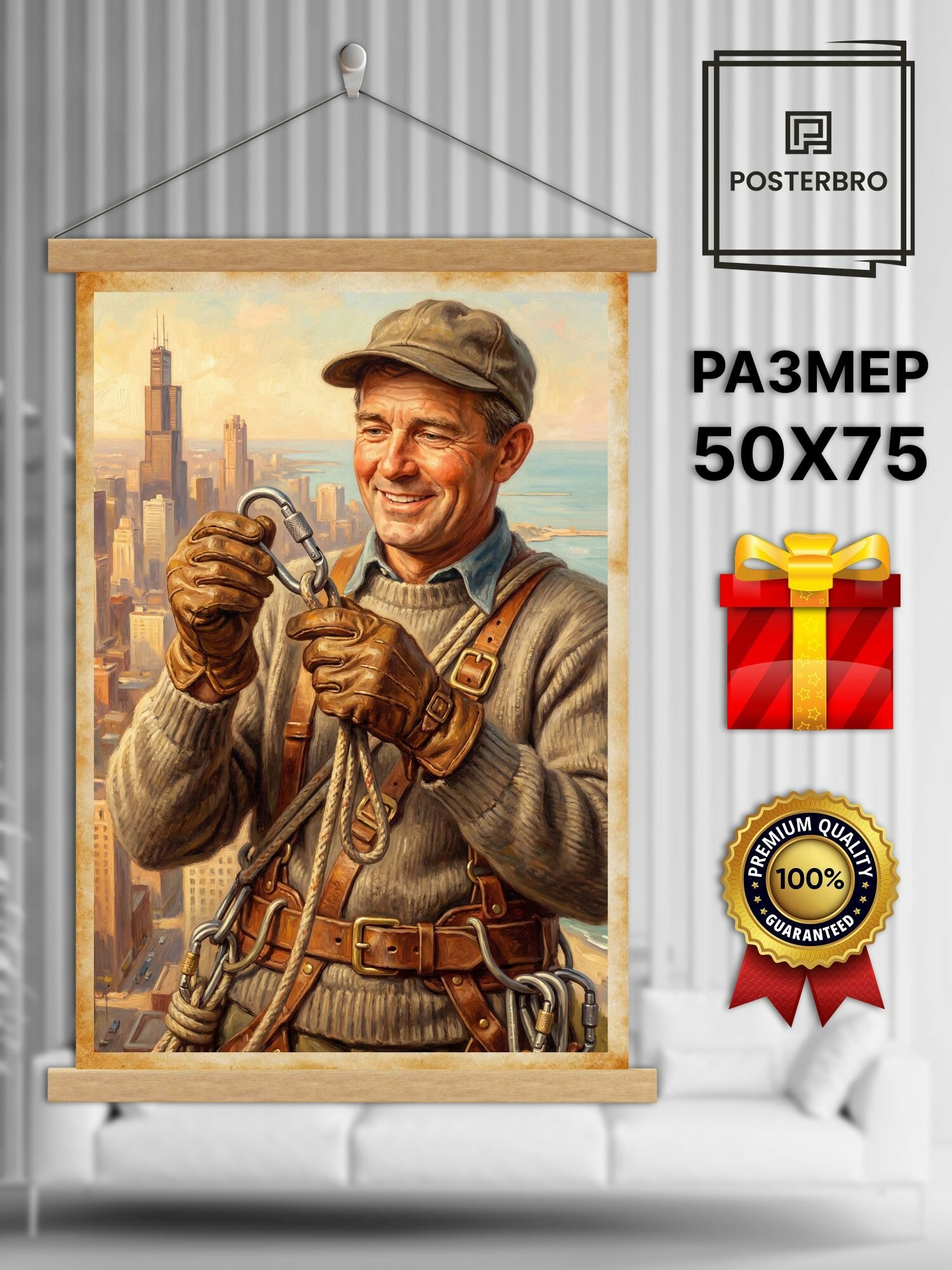 Постер на стену Posterbro в рамке 50х75 "Карабин промышленного альпиниста" интерьерный